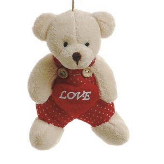 Urso de Pelúcia com Macacão Vermelho Segurando Coração 12x8x8cm - Coleção Romântica - Ref 215164 Cromus