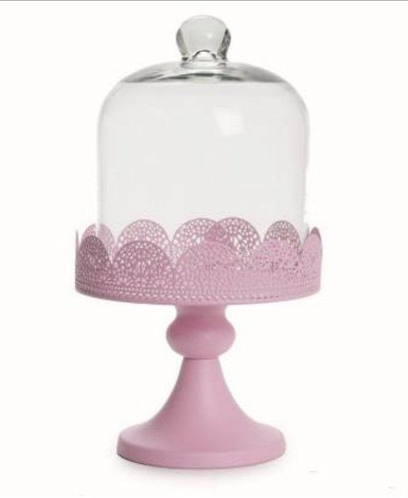 Porta Cupcake Rosa Solitário Alto 41cm com Cúpula de Vidro - Cake