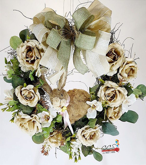 Guirlanda Decorada de Páscoa Com Coelho de Palha e Flores 45x45cm - Ref