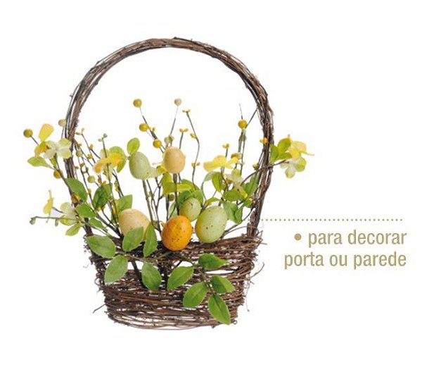 Arranjo Guirlanda Vaso de Cipó Para Porta ou Parede com Ovos e Galhos Amarelos - Coleção Fondant - Ref 1521396 Páscoa Cromus