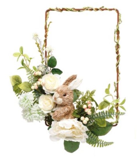 Guirlanda de Páscoa Retangular Com Coelho de Palha e Flores Brancas 45x35cm - Coleção Fondant - Ref 1825021 Páscoa Cromus