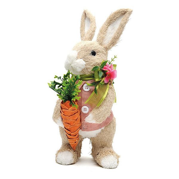 Coelha em Palha Italiana em Pé de Colete Rosa Segurando Cenoura 28x13cm - Coleção Docura - Ref 1010928 Páscoa Cromus