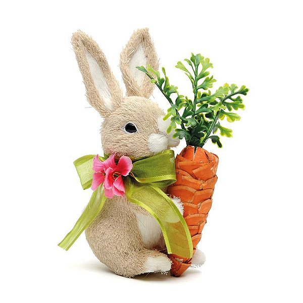 Coelho de Palha Italiana em Pé Segurando Cenoura Laranja 18x10cm - Coleção Docura - Ref 1010901 Páscoa Cromus