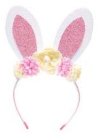 Tiara Orelhas de Coelho Rosa com Flores e Glitter - Coleção Tiaras - Ref 1013168 Páscoa Cromus