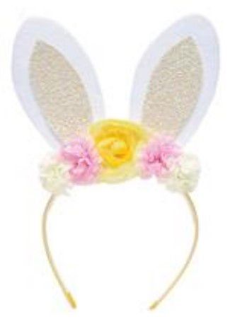 Tiara Orelhas de Coelho Amarela com Flores e Glitter - Coleção Tiaras - Ref 1013168AM Páscoa Cromus