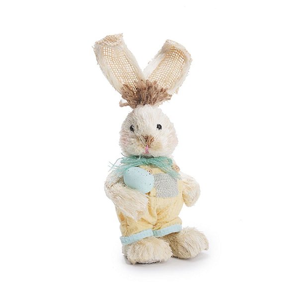 Coelho de Palha Creme em Pé com Macacão Amarelo Claro Segurando Ovo - Coleção Amêndoa 33cm - Ref 1521713 Páscoa Cromus