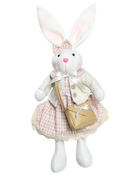 Coelha Sentada com Vestido Xadrez Rosa e Branco e Maleta Marrom 45cm - Coleção Tartin - Ref 1822035 Páscoa Cromus