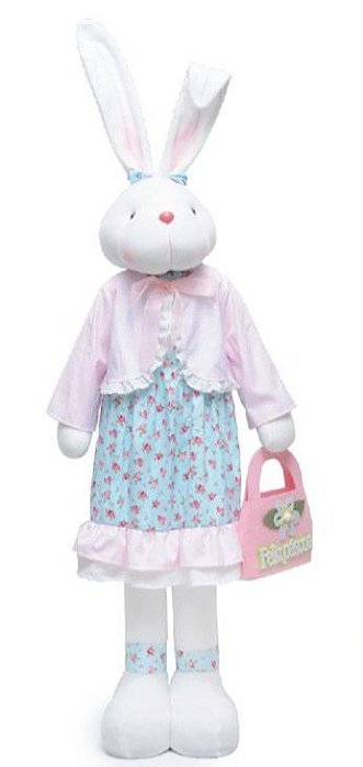 Coelha de Páscoa Grande em Pé com Vestido Florido Segurando Bolsa Feliz Páscoa 110cm - Coleção Acqua - Ref 1013334 Páscoa Cromus