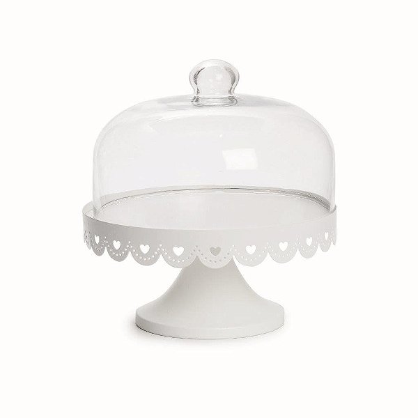 Suporte Para Bolo e Doces Bandeja de Metal Branca com Babado Coração Vazado e Cúpula de Vidro 25.5x28cm - Coleção Cake - Ref 1521822 Cromus