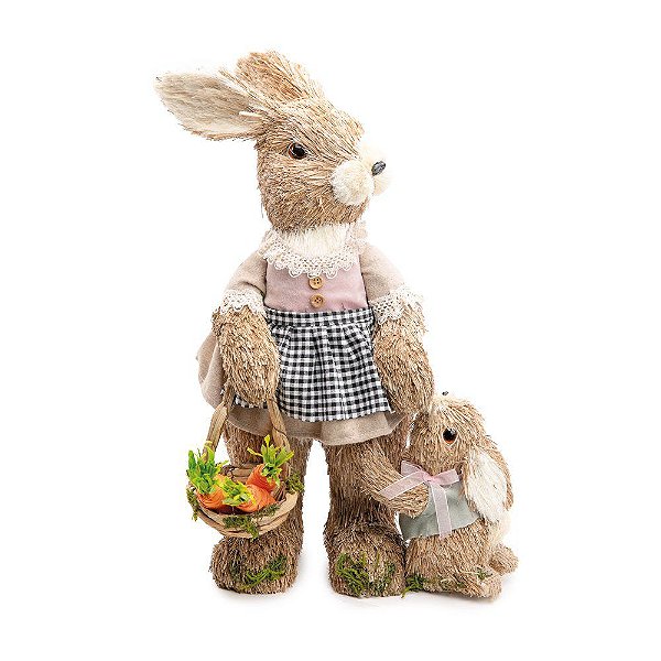 Coelha de Palha em Pé com Filhote e Avental Xadrez Preto e Branco 43cm - Coleção Fazendinha - Ref 1024769 Páscoa Cromus