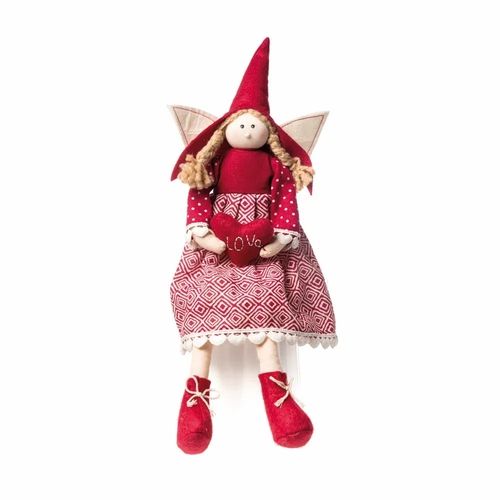 Anjo de Tecido com Vestido Vermelho e Coração na Mão 25x15cm - Coleção Dolls - Ref 1240456 Cromus