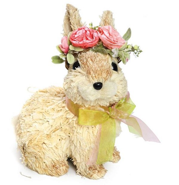 Coelha de Palha Sentada com Tiara de Flores na Cabeça 20x16cm - Coleção Crocante - Ref 1820486 Cromus