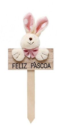 Plaquinha Decorativa Feliz Páscoa Coelho Poá Coração Rosa - Decoração Páscoa- Ref 1827262RS Páscoa Cromus