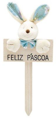 Plaquinha Decorativa Coelho Florido Feliz Páscoa Azul com 1 Unidade - Coleção Daisy - Ref 1013254AZ Páscoa Cromus