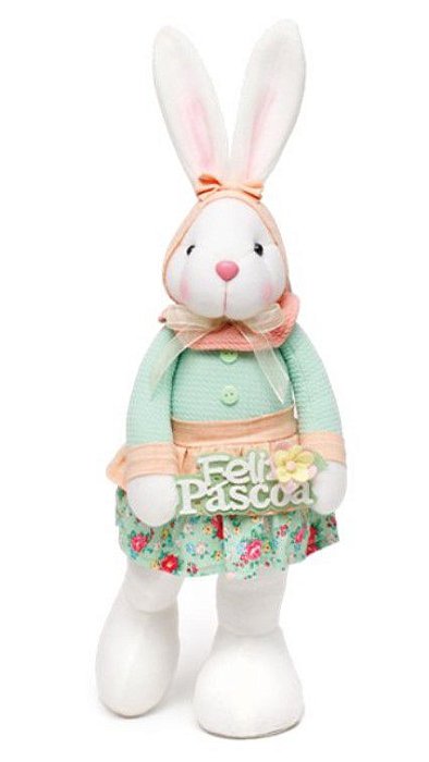 Coelha de Vestido com Pé pra Tras e Placa Feliz Páscoa 40cm - Coleção Erva Doce - Ref 1826800 Páscoa Cromus