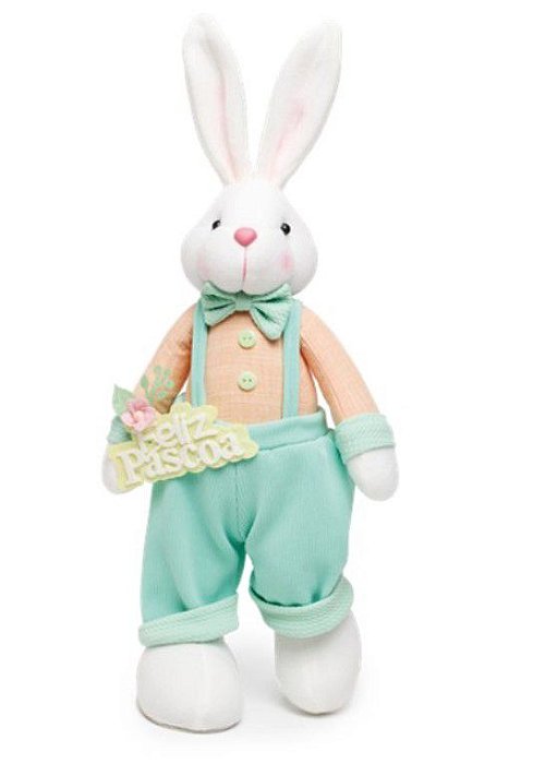 Coelho de Macacão com Pé pra Trás e Placa Feliz Páscoa 40cm - Coleção Erva Doce - Ref 1826799 Páscoa Cromus