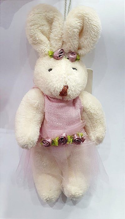 Mini Coelha de Pelúcia Articulado com Vestido Organza Rosa 15cm - Ref 1420556R Cromus