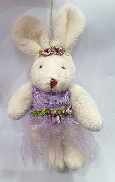 Mini Coelha de Pelúcia Articulado com Vestido Organza Lilas 15cm - Ref 1420556L Cromus