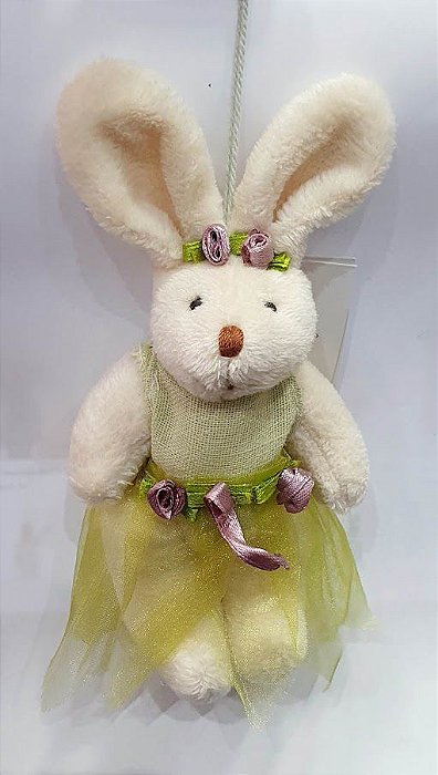 Mini Coelha de Pelúcia Articulado com Vestido Organza Verde 15cm - Ref 1420556 Páscoa Cromus