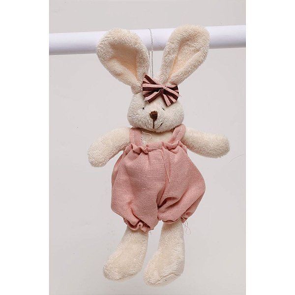 Mini Coelha de Pelúcia Com Roupa Rosa e Laço Marrom e Rosa 25cm - Ref 1220337 Páscoa Cromus