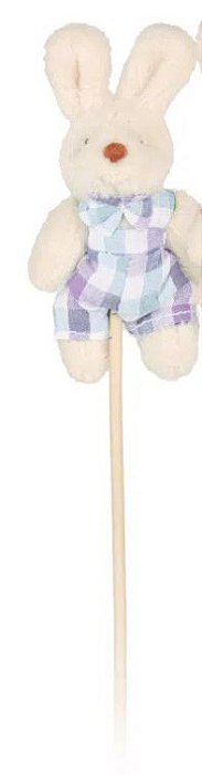 Pick Coelha de Pelúcia no Palito Vestido Xadrez Azul e Roxo - Ref 1520388 Páscoa Cromus