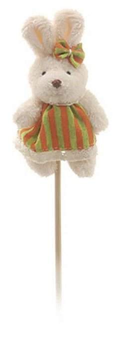 Pick Coelha de Pelúcia no Palito Vestido Listrado Laranja e Verde - Ref 1321262F Páscoa Cromus