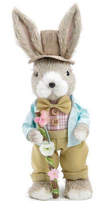 Coelho Decorativo de Palha Italiana em Pé com Flores 32cm - Coleção MilkShake - Ref 1014011 Páscoa Cromus