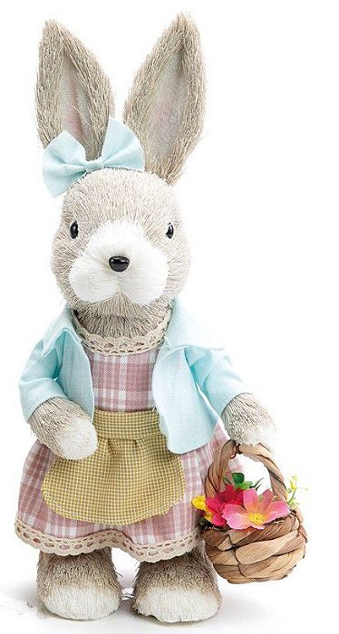 Coelha Decorativa de Palha Italiana em Pé com Flores 32cm - Coleção MilkShake - Ref 1014011F Páscoa Cromus