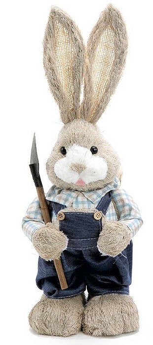 Coelho de Palha Italiana Segurando Pá com Macacão Azul Jeans 45cm - Coleção St Louis - Ref 1014106 Páscoa Cromus