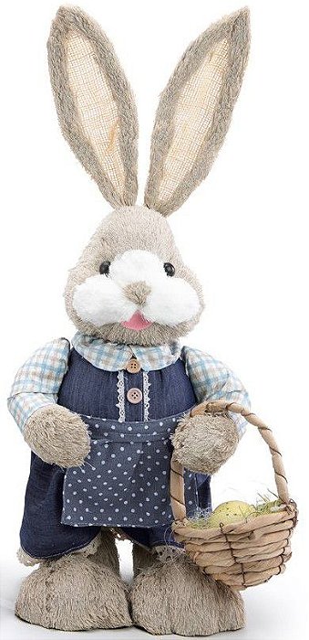 Coelha De Palha Italiana em Pé com Cesta de Flores e Vestido Jeans 60cm - Coleção ST Louis - Ref 1014109F Páscoa Cromus