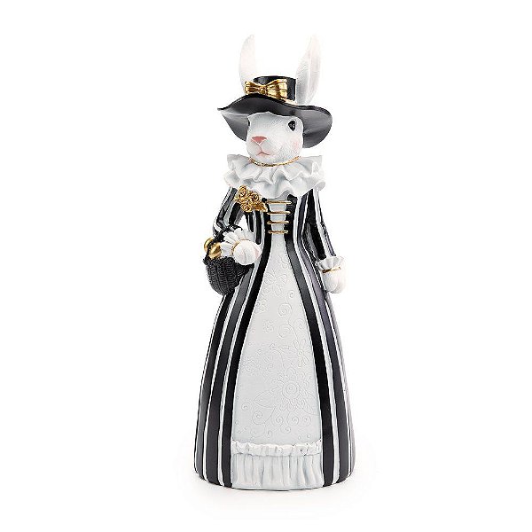 Coelha Branca de Resina com Vestido Vitoriano Branco e Preto 33cm - Coleção Black Label - Ref 1014862 Cromus