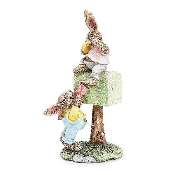 Coelhos de Resina Colocando Carta na Caixa do Correio 23cm - Coleção Fancy - Ref 1014472 Páscoa Cromus