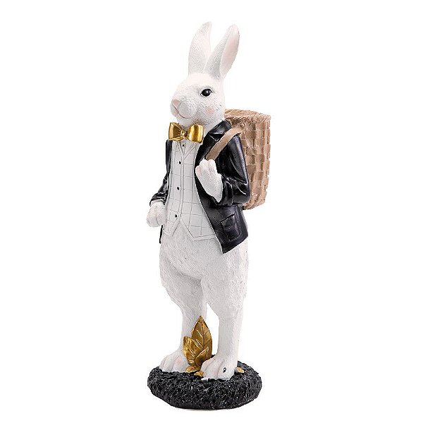 Coelho Branco de Resina com Smoking e Cesta nas Costas 33cm - Coleção Black Label - Ref 1014457 Cromus