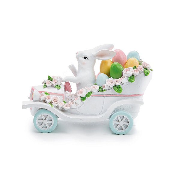 Coelho de Resina Carro com Flores e Ovos de Páscoa 10x16cm - 1021331 Cromus