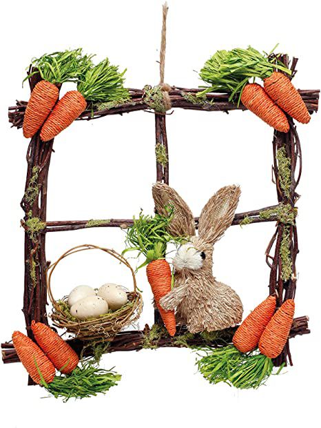 Quadro Modelo Janela de Cipó com Coelho de Palha e Cenouras 35x35cm - Ref 1827489 Páscoa Cromus