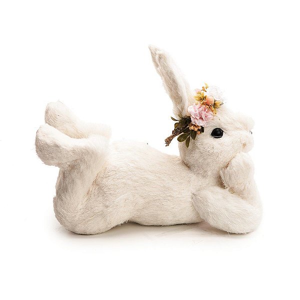 Coelha de Palha Branca Deitada de Barriga com Flores na Cabeça 25x30cm - Coleção Arroz Doce - Ref 1012804 Páscoa Cromus
