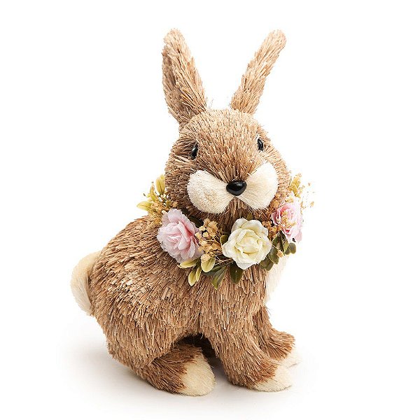 Coelho de Palha Sentado com FLores no Pescoço 25x17cm - Coleção Brisa - Ref 1012864 Páscoa Cromus