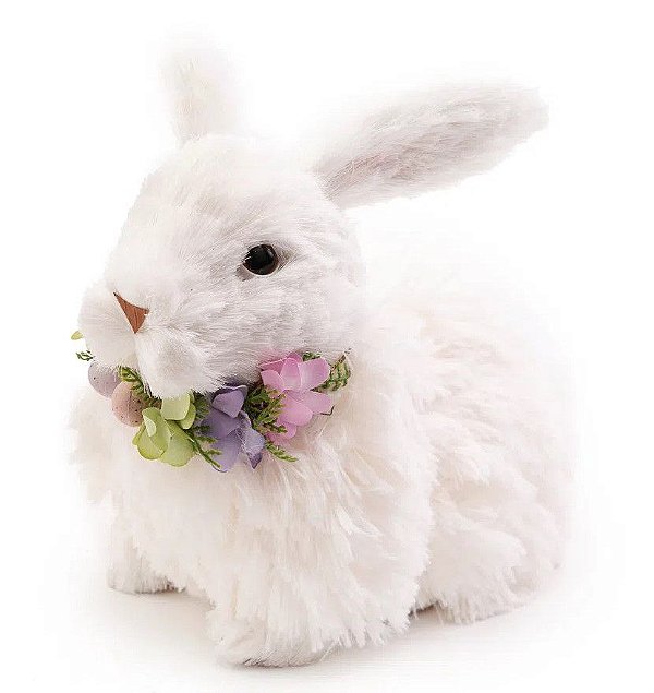 Coelho Branco de Palha e Pelúcia Sentado com Flores no Pescoço 23x26cm - Coleção Arroz Doce - Ref 1013527 Páscoa Cromus