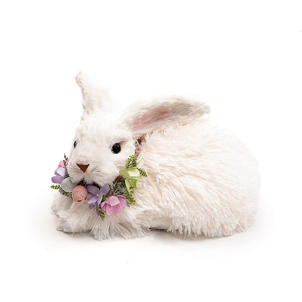 Coelho Branco de Palha e Pelúcia Deitado com Flores no Pescoço 17x27x20cm - Coleção Arroz Doce - Ref 1013528 Páscoa Cromus