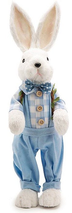 Coelho de Palha Branca em Pé com Macacão Azul 45cm - Coleção Pipoca Doce - Ref 1013920 Páscoa Cromus