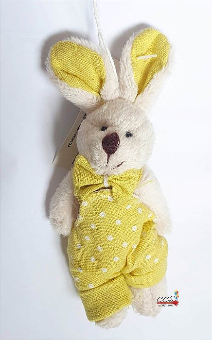 Mini Coelho de Pelúcia Roupa Poá Amarelo 14cm - Ref 1120828 Páscoa Cromus
