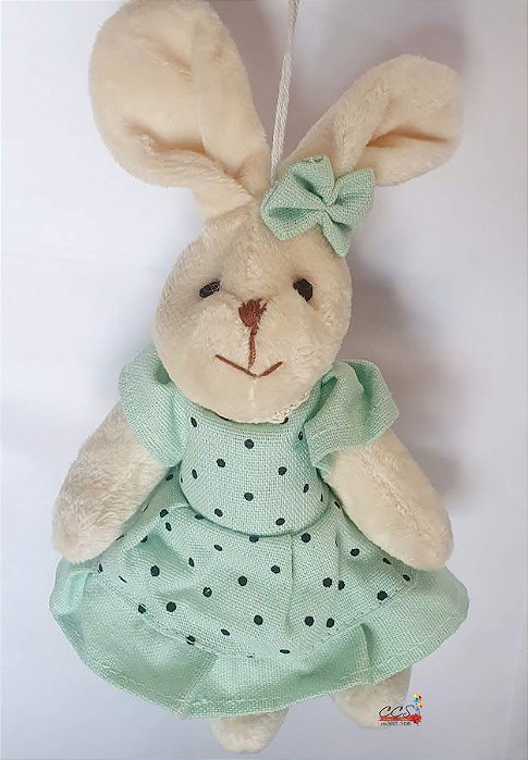 Mini Coelha de Pelúcia Vestido Verde Acqua Poá 22cm - Ref 1820591FV Páscoa Cromus
