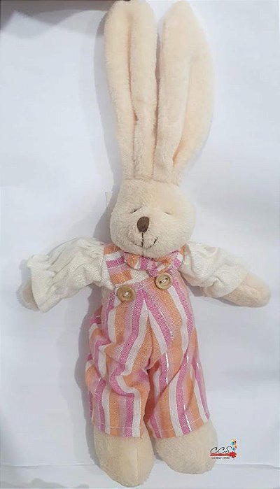 Coelho de Pelúcia com Macacão Listrado Laranja e Rosa 27cm - Ref 1220625 Páscoa Cromus