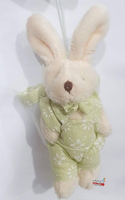 Mini Coelho de Pelúcia Macacão Flor Verde 15cm com Bolsa nas Costas - Ref 1321095 Páscoa Cromus