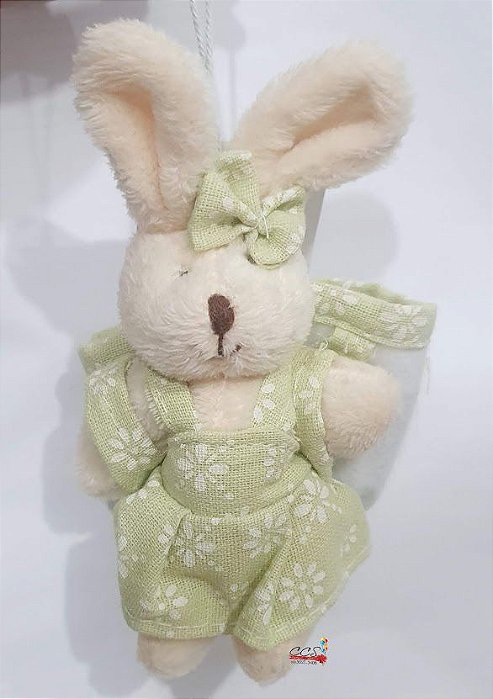 Mini Coelha de Pelúcia Vestido Flor Verde 15cm com Bolsa nas Costas - Ref 1321095F Páscoa Cromus