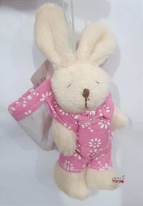 Mini Coelho de Pelúcia Macacão Flor Rosa 15cm com Bolsa nas Costas - Ref 1321099 Páscoa Cromus