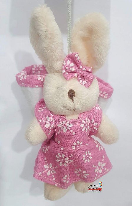 Mini Coelho de Pelúcia Vestido Flor Rosa 15cm com Bolsa nas Costas - Ref 1321099F Páscoa Cromus