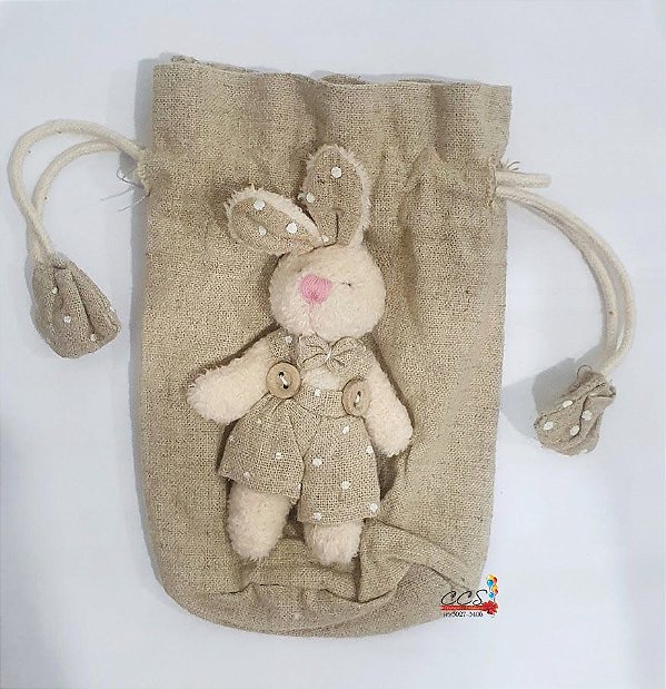 Bolsinha de Algodão Cru com Mini Coelho Aplicado 10x15cm - Ref 212064 Páscoa Cromus
