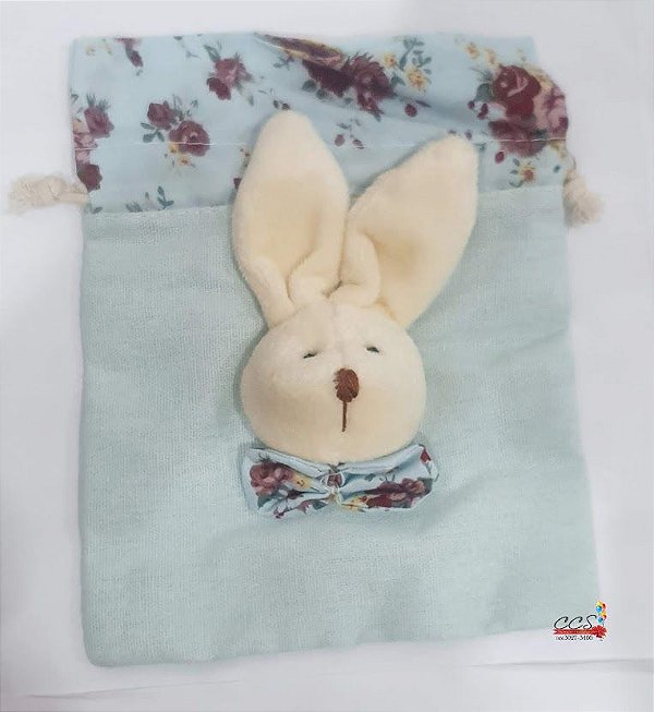Bolsinha Azul com Rosto de Coelho de Pelúcia e Borda Floral 17.5x13.5cm - Ref 1823511 Páscoa Cromus