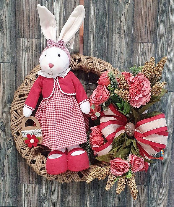 Guirlanda de Páscoa Decorada Com Coelha Goiabinha e Flores 55x72cm - Páscoa CCS Decorações